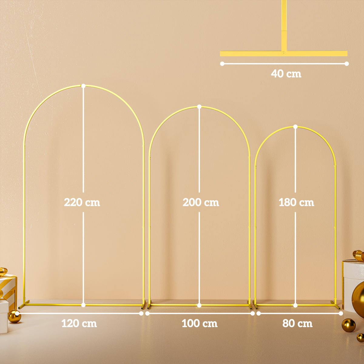 Outsunny Wedding Arch Frame Set, 2.2, 2, 1.8 m Arch Backdrop Stand Gold Tone