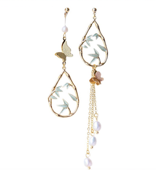 Asymmetric Butterfly and Bamboo with Pearls Earrings
