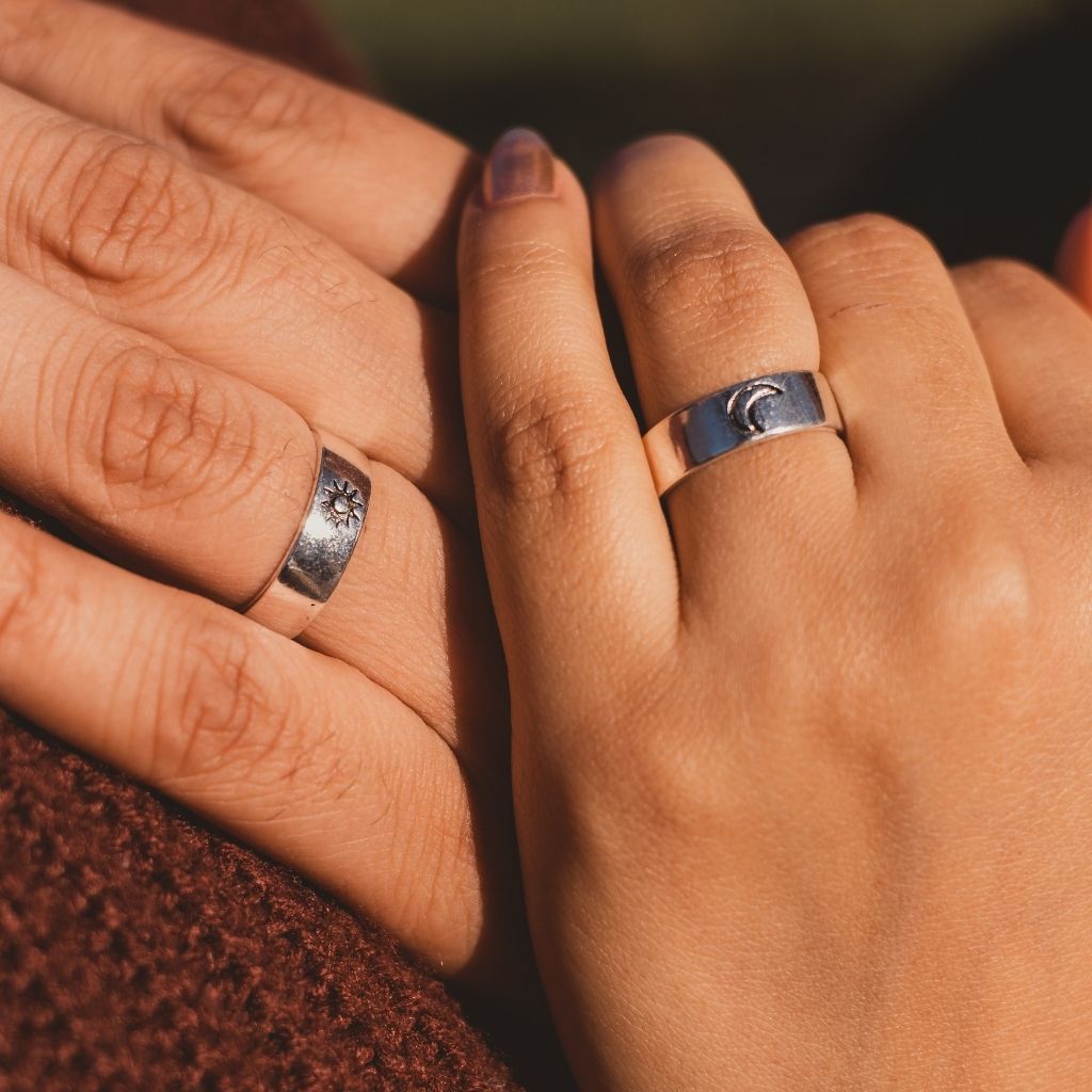 Adjustable Silver Plated Couple Moon and Sun Promise Ring Set