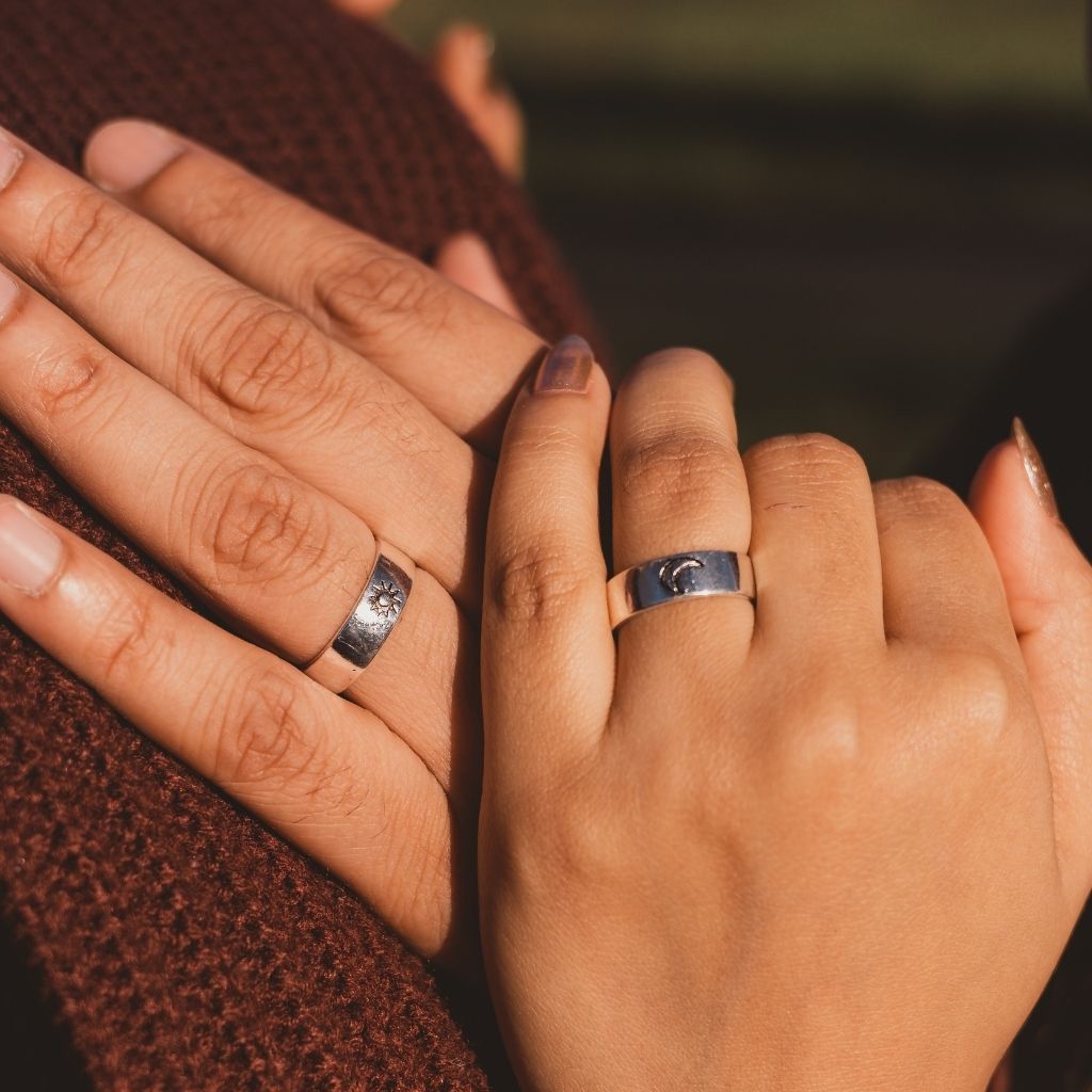Adjustable Silver Plated Couple Moon and Sun Promise Ring Set