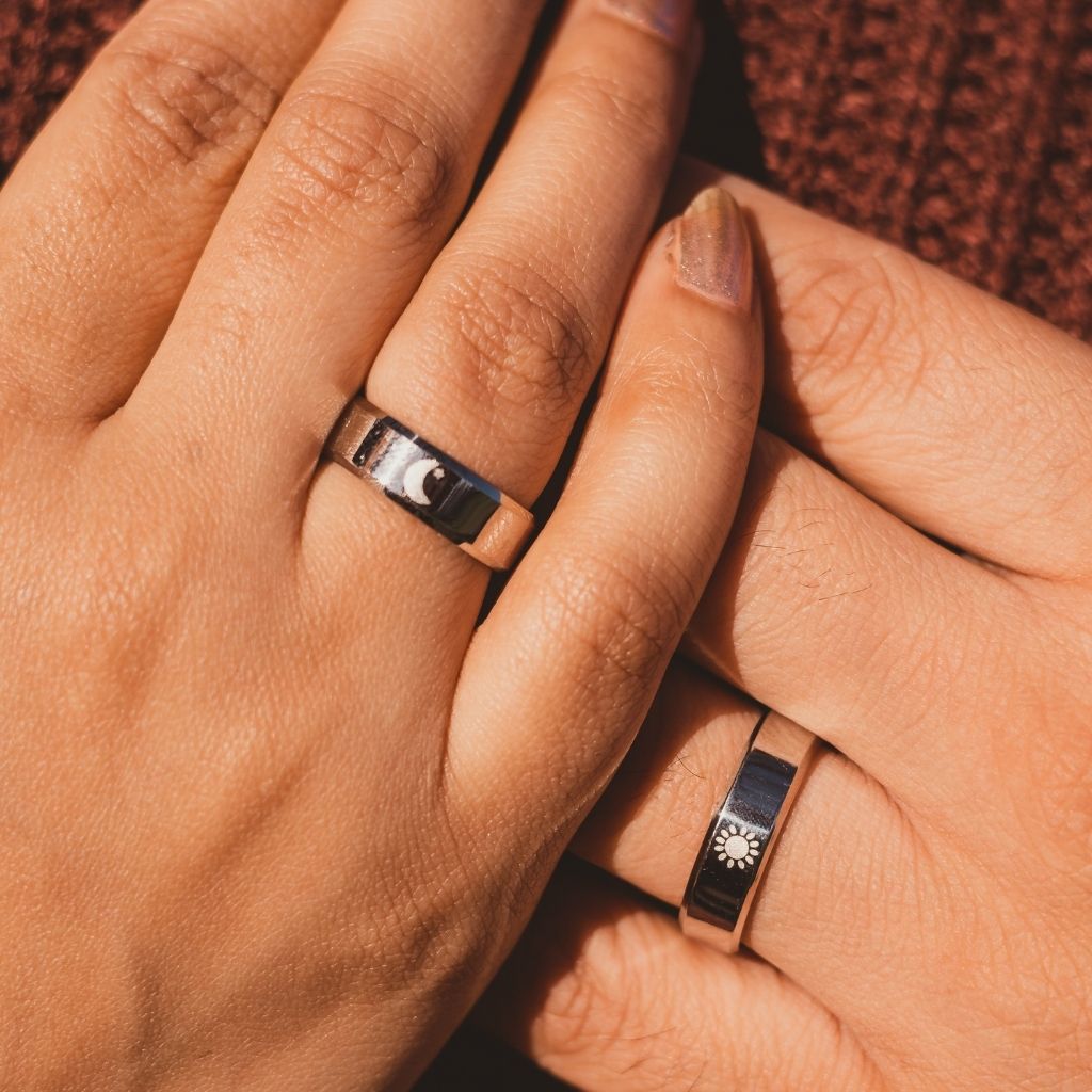 Black Band Matching Couple Moon and Sun Promise Ring set