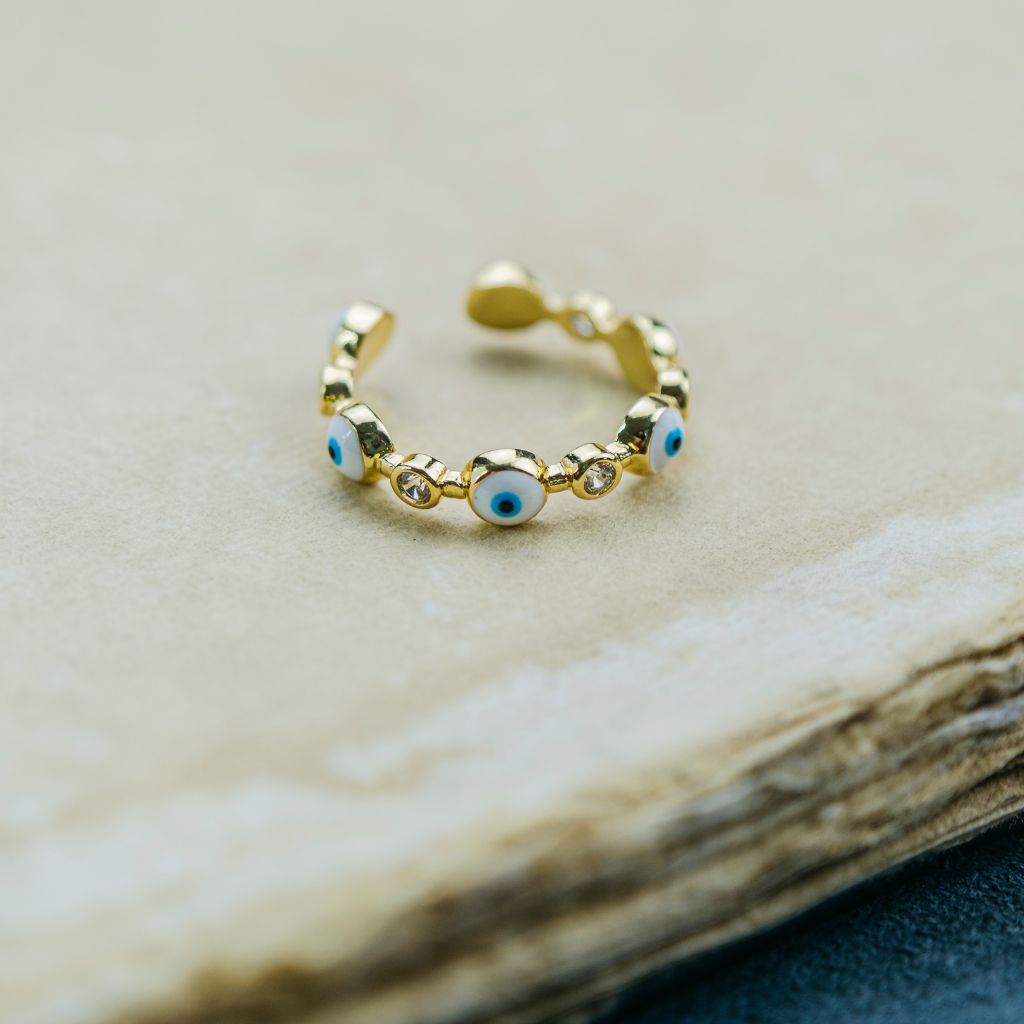 Adjustable Blue White Evil Eye Protection Slim Stacking Ring
