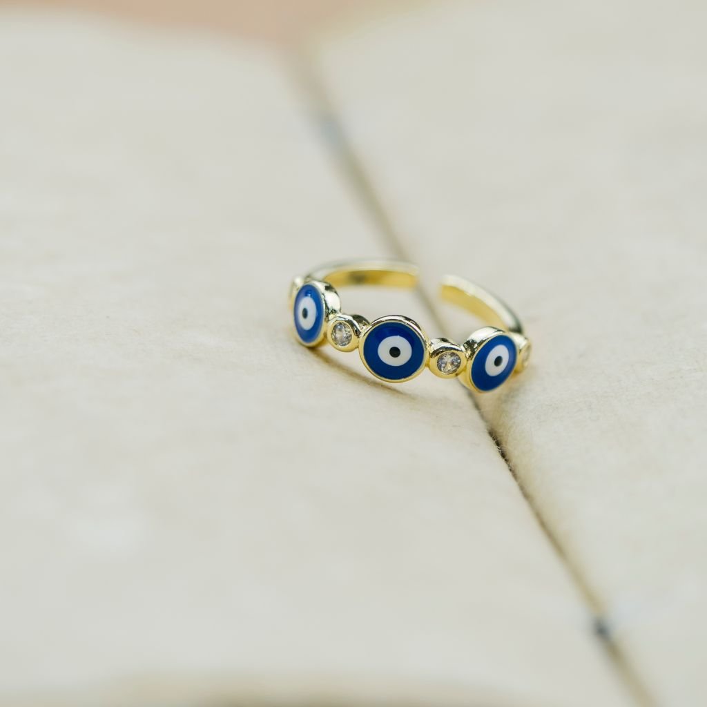 Adjustable Blue White Evil Eye Protection Slim Stacking Ring