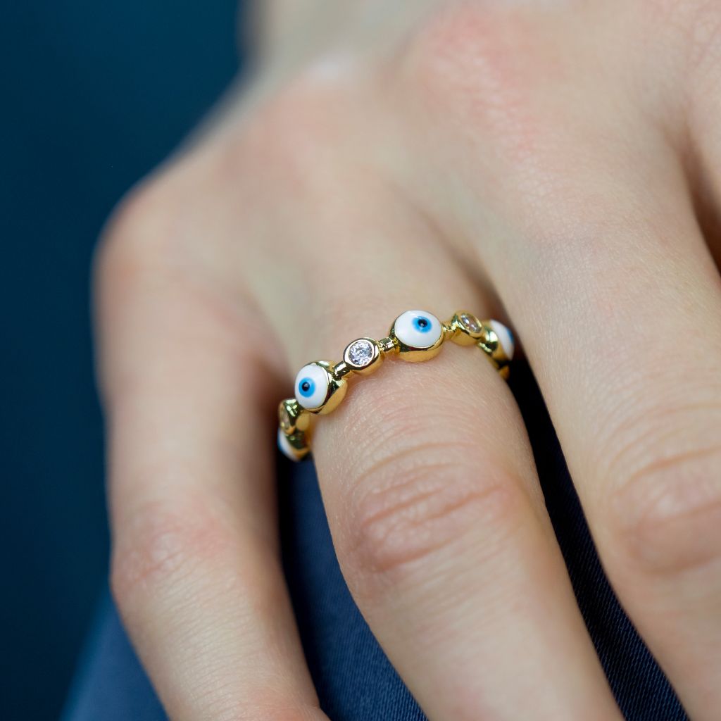 Adjustable Blue White Evil Eye Protection Slim Stacking Ring