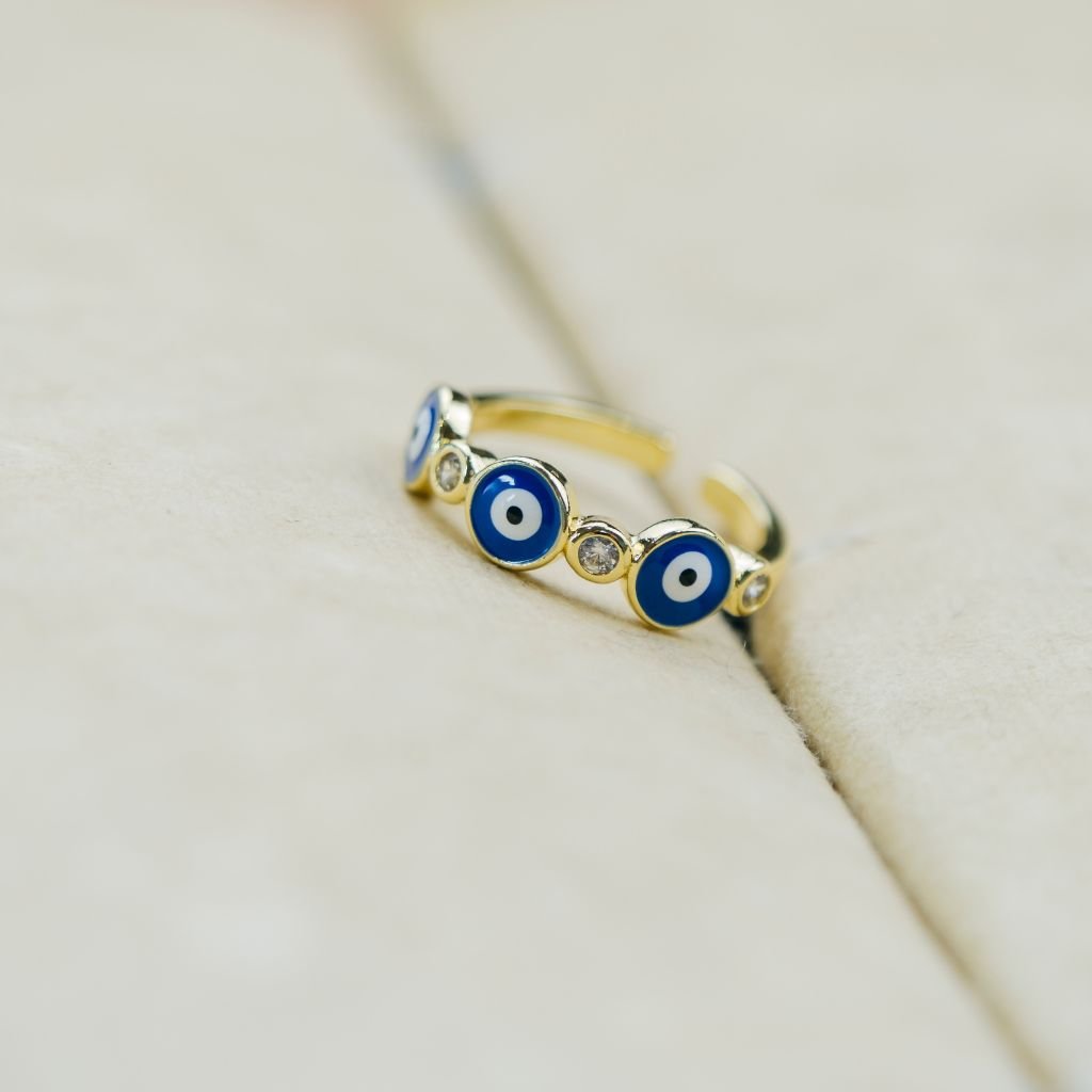 Adjustable Blue White Evil Eye Protection Slim Stacking Ring