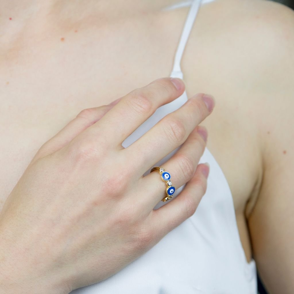 Adjustable Blue White Evil Eye Protection Slim Stacking Ring