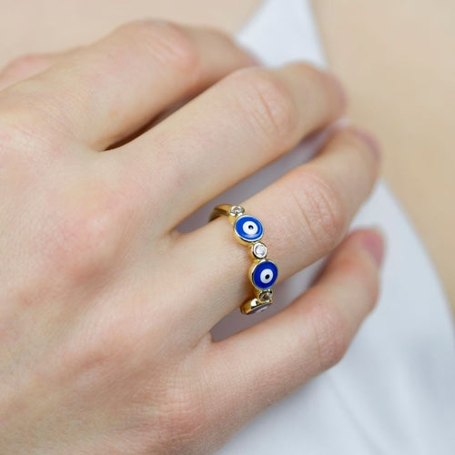Adjustable Blue White Evil Eye Protection Slim Stacking Ring