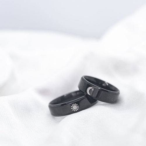 Black Band Matching Couple Moon and Sun Promise Ring set
