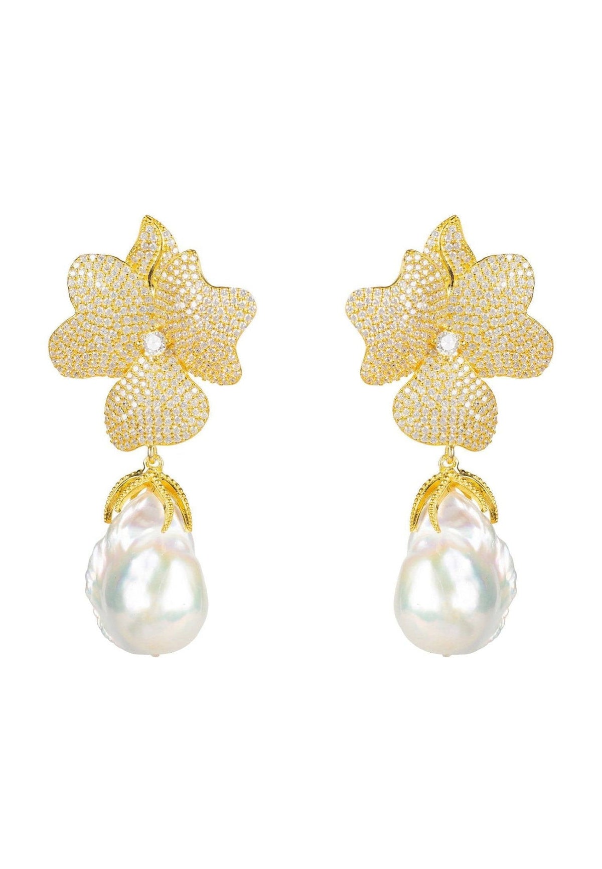 Baroque Pearl White Flower Earrings Yellow Gold