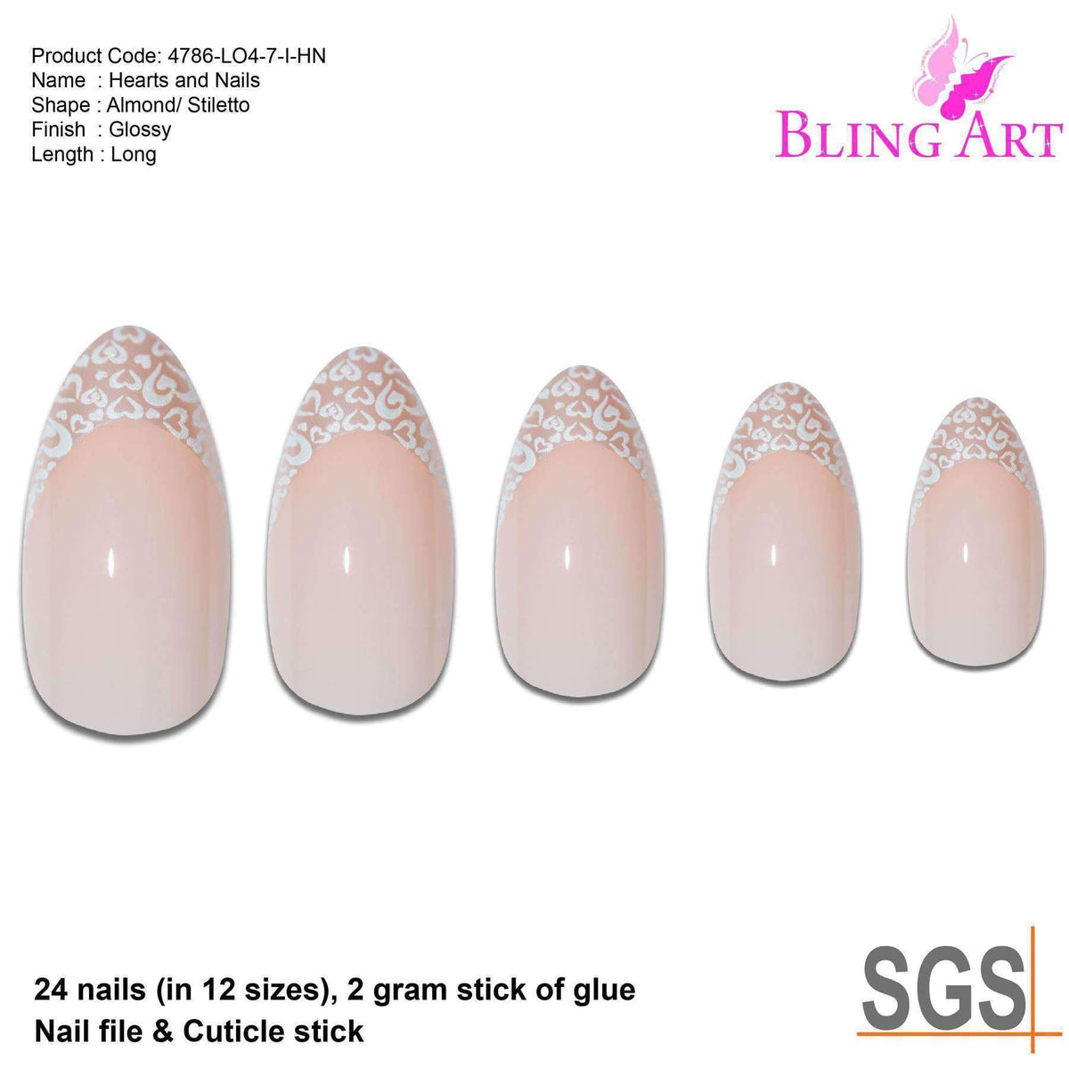 False Nails Bling Art White Hearts Almond Stiletto Long Fake Acrylic