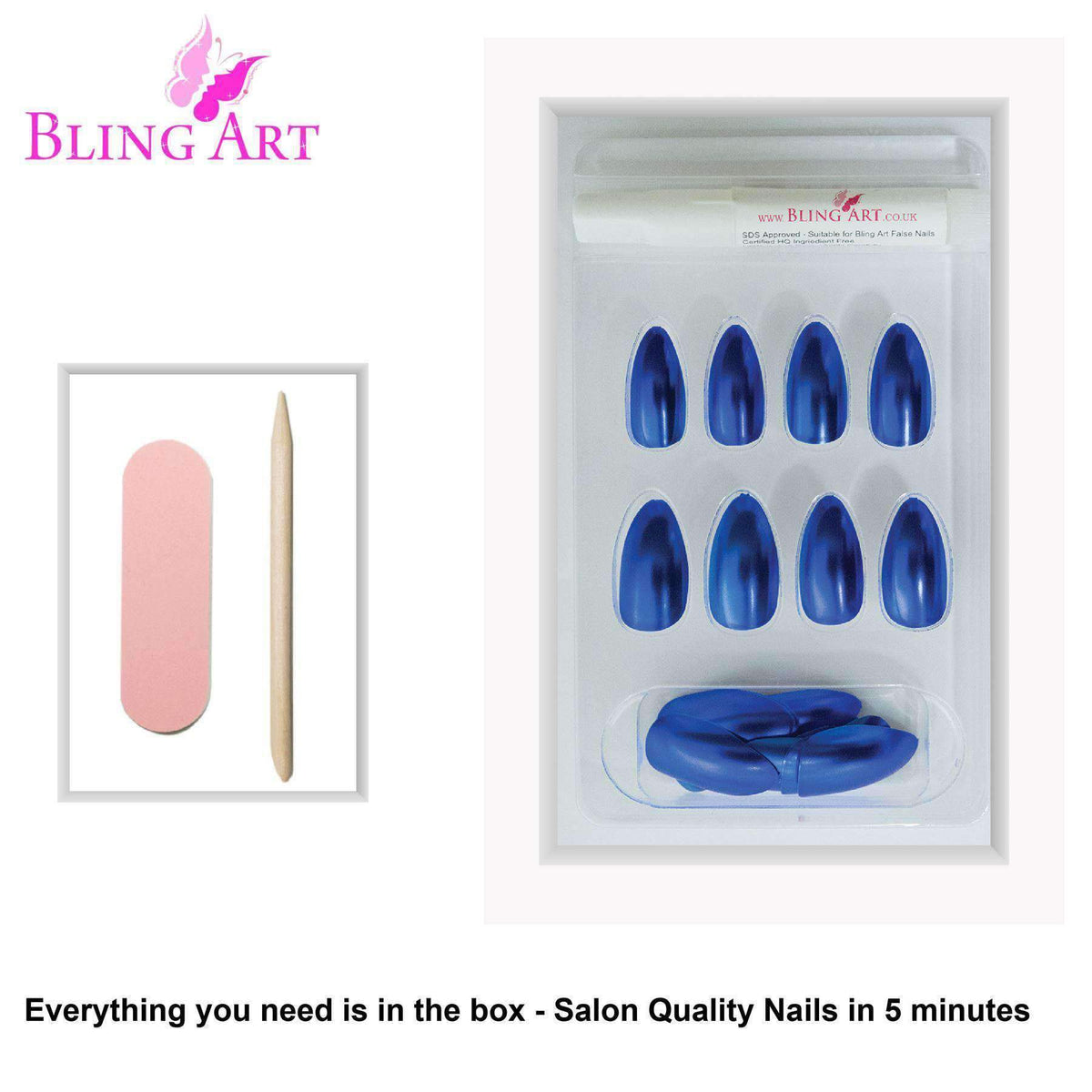 False Nails by Bling Art Blue Matte Metallic Almond Stiletto Fake