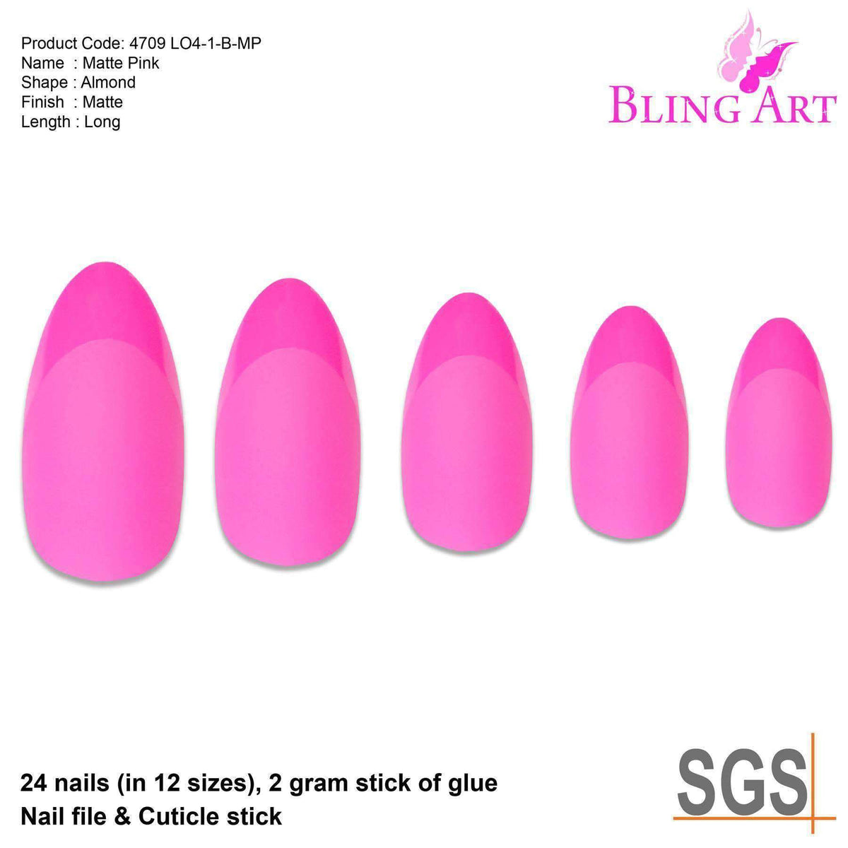 False Nails by Bling Art Matte Pink 24 Almond Stiletto Long Fake Tips