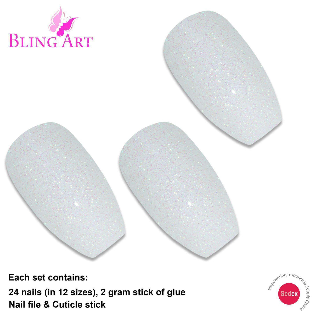 False Nails by Bling Art White Gel Ballerina Coffin 24 Fake Long