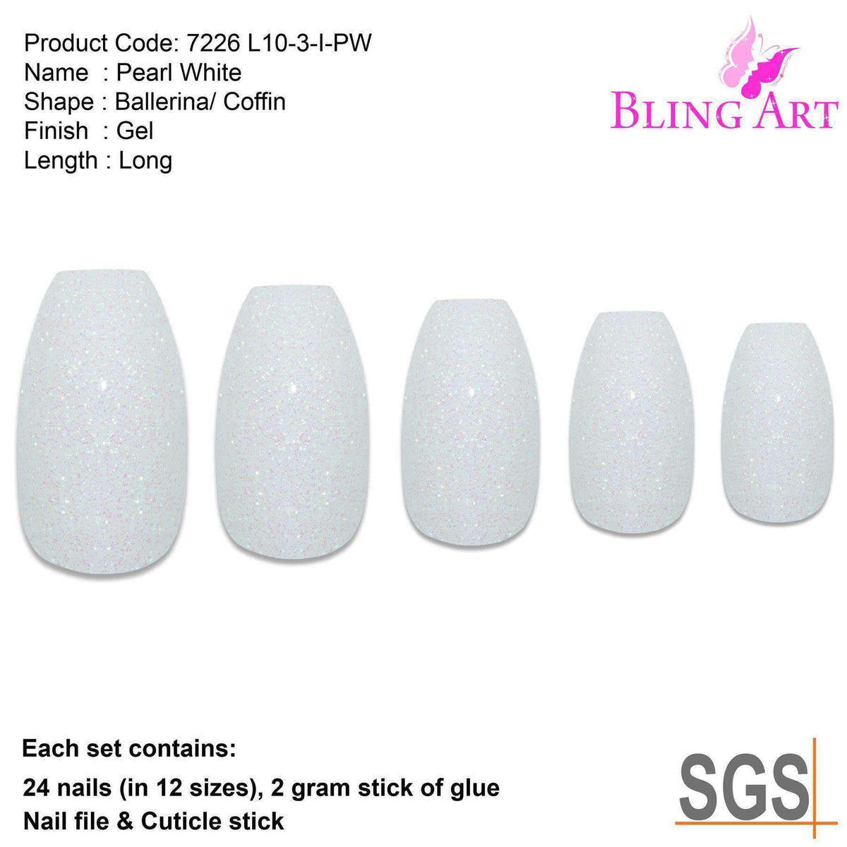 False Nails by Bling Art White Gel Ballerina Coffin 24 Fake Long