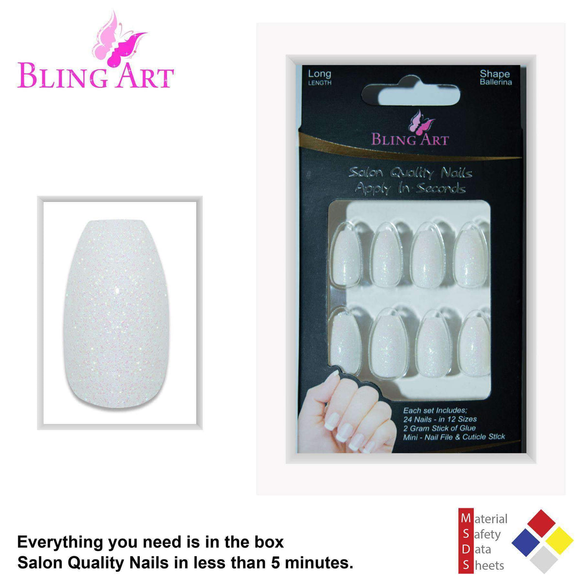 False Nails by Bling Art White Gel Ballerina Coffin 24 Fake Long