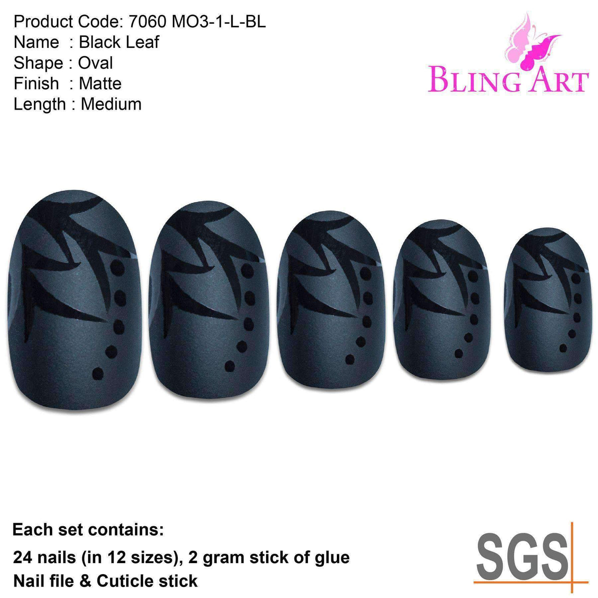 False Nails by Bling Art Black Leaf Matte Oval Medium Fake Acrylic