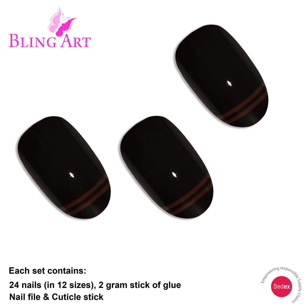 False Nails by Bling Art Black Red Glossy Oval Medium Fake 24 Acrylic
