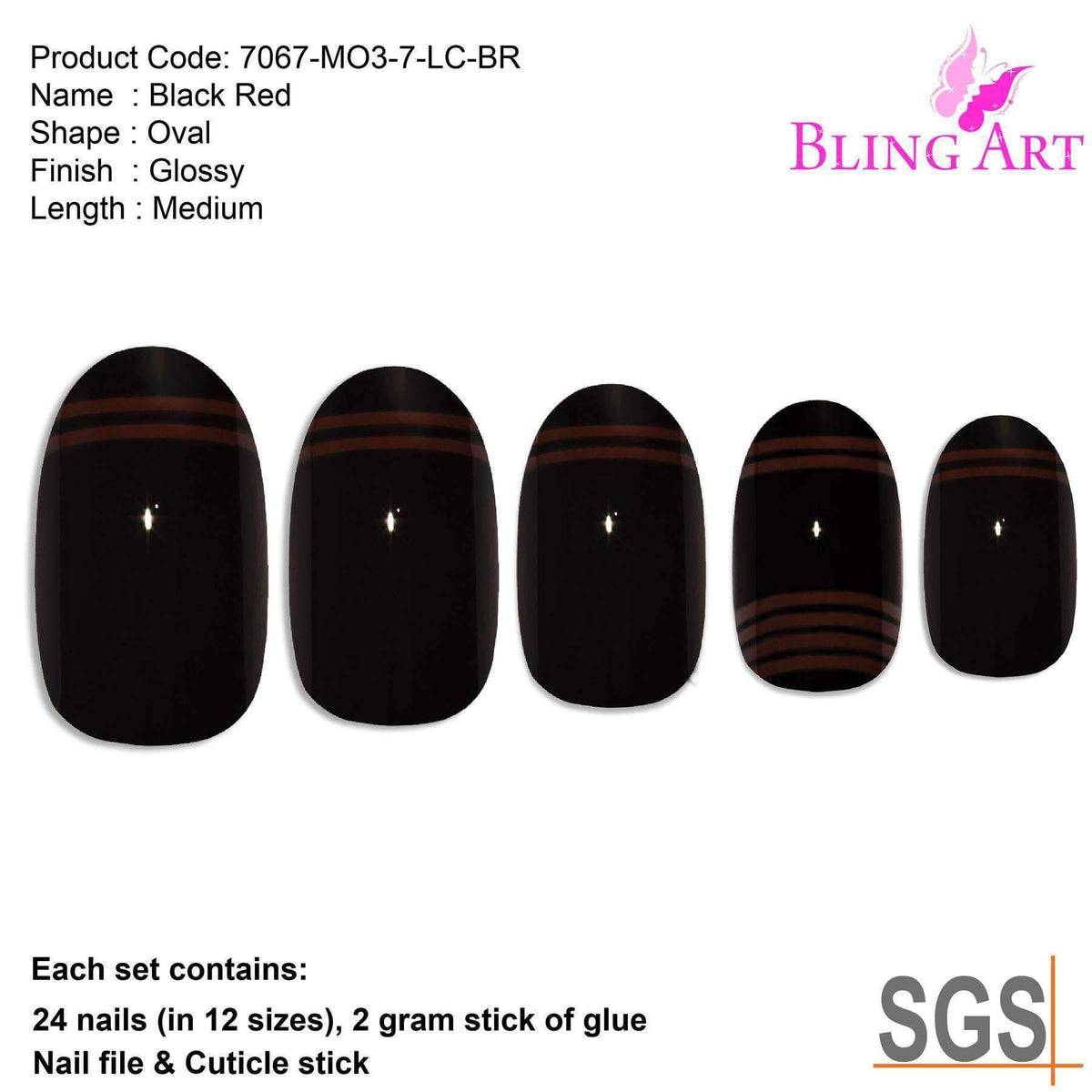 False Nails by Bling Art Black Red Glossy Oval Medium Fake 24 Acrylic