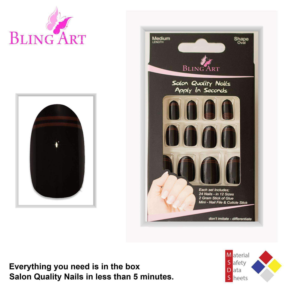 False Nails by Bling Art Black Red Glossy Oval Medium Fake 24 Acrylic