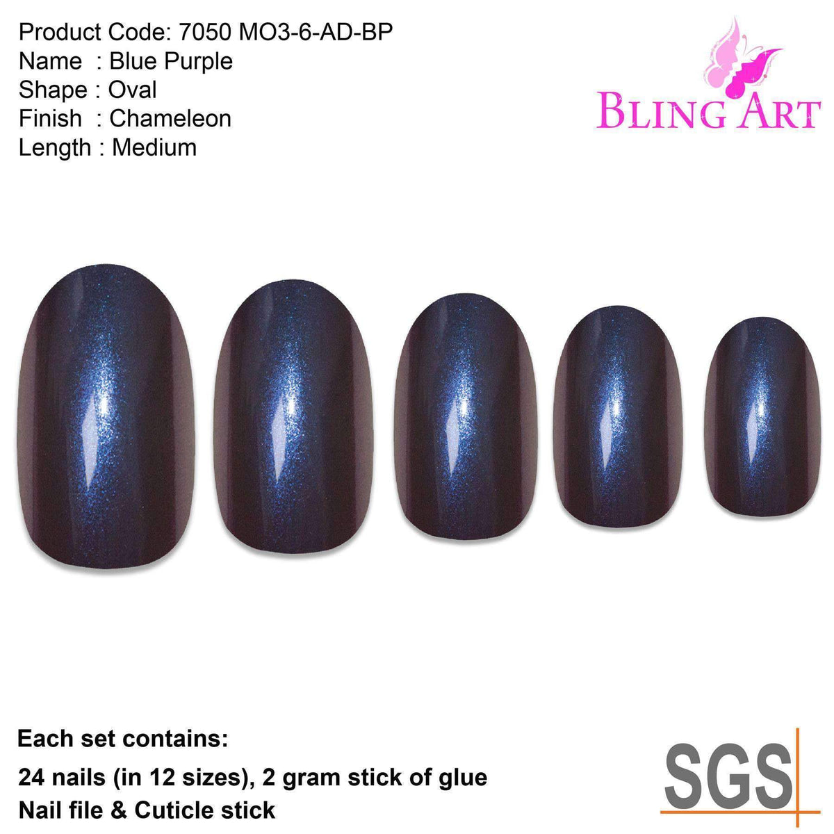 False Nails by Bling Art Blue Purple Chameleon Oval Medium Fake 24