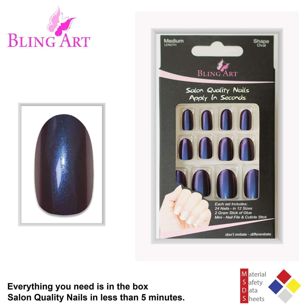 False Nails by Bling Art Blue Purple Chameleon Oval Medium Fake 24