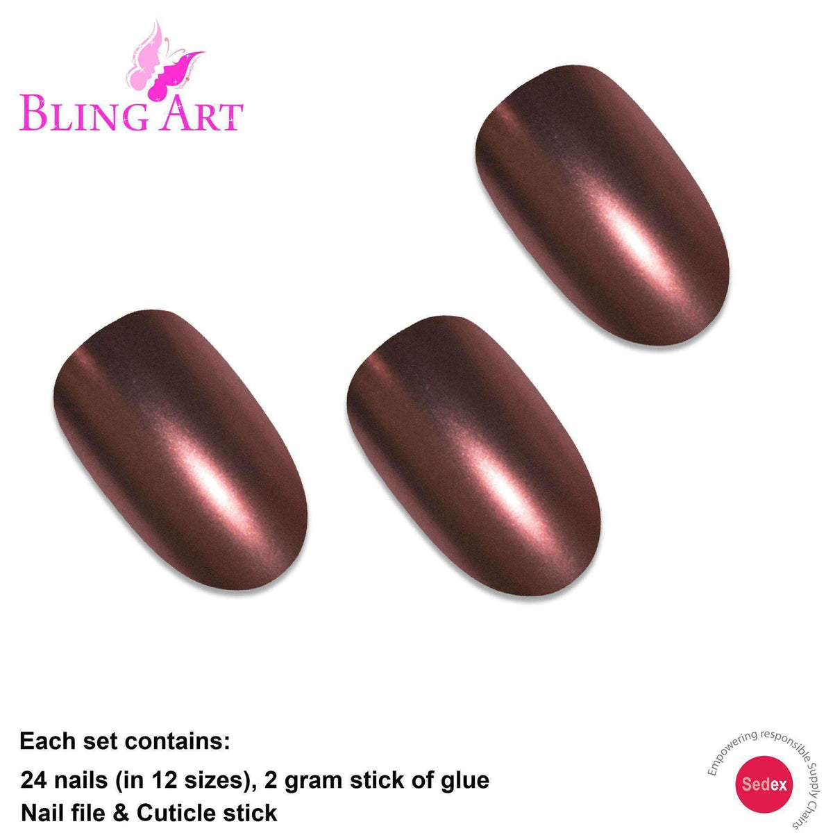 False Nails by Bling Art Brown Matte Metallic Oval Medium Fake Acrylic