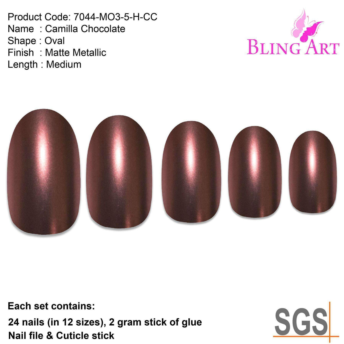 False Nails by Bling Art Brown Matte Metallic Oval Medium Fake Acrylic