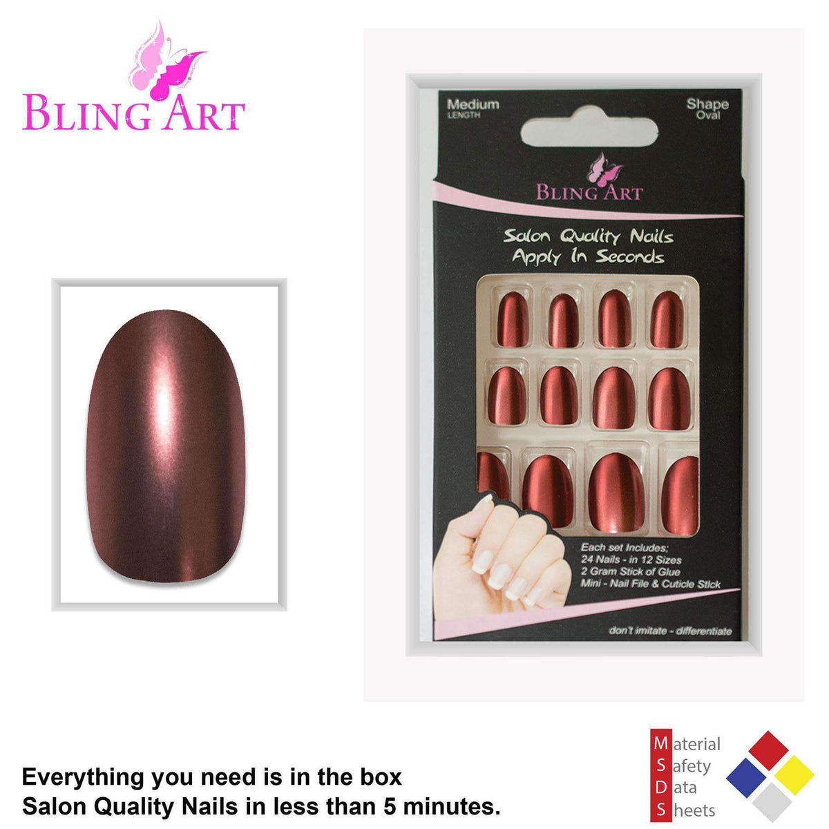 False Nails by Bling Art Brown Matte Metallic Oval Medium Fake Acrylic