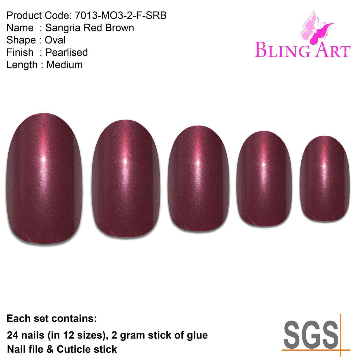 False Nails by Bling Art Red Brown Glitter Oval Medium  Acrylic Tips