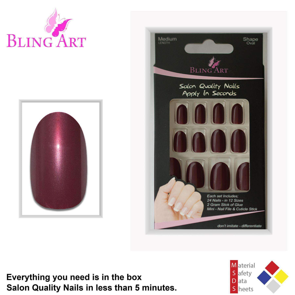 False Nails by Bling Art Red Brown Glitter Oval Medium  Acrylic Tips