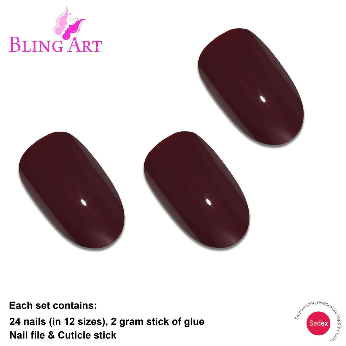 False Nails by Bling Art Red Brown Polished Oval Medium Fake Acrylic