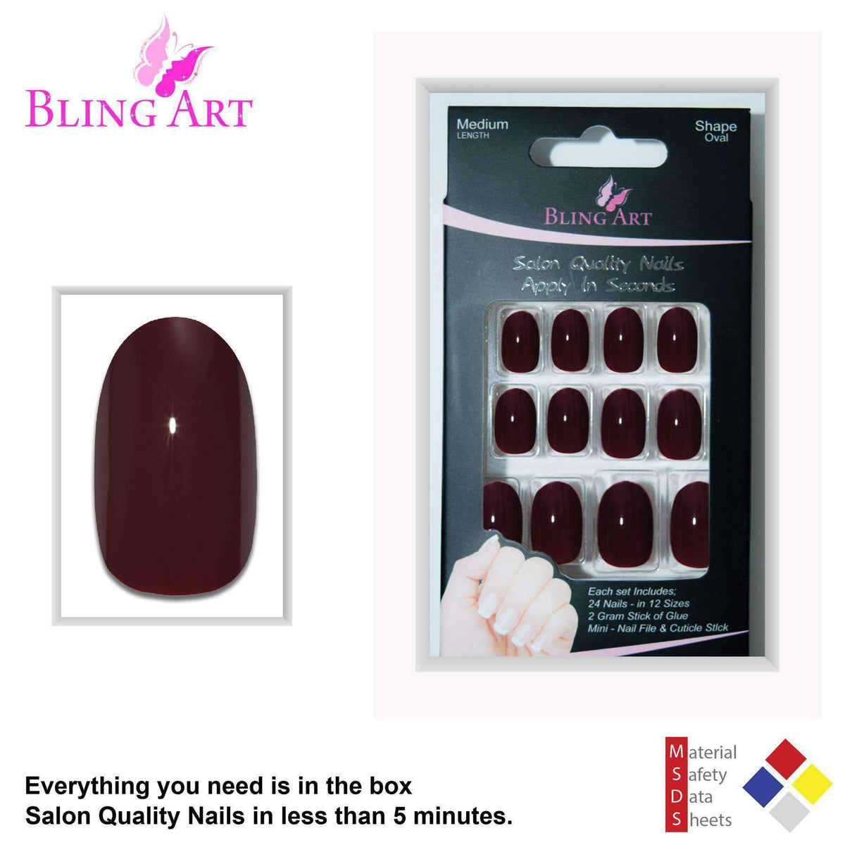False Nails by Bling Art Red Brown Polished Oval Medium Fake Acrylic