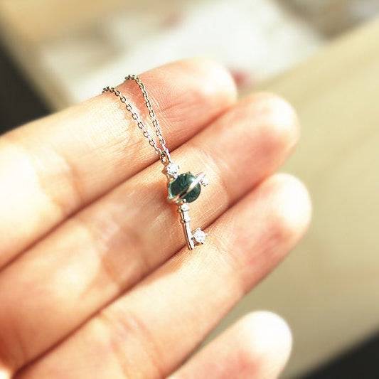 Blue Planet Star Uranus Theme Key Shape Charm Necklace
