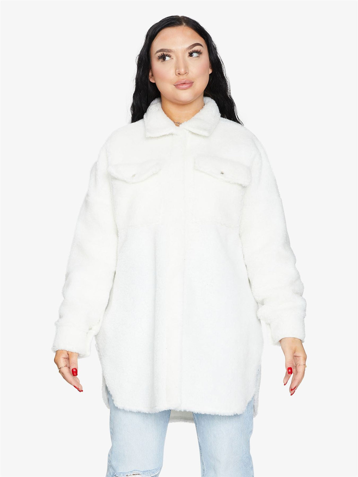 Oversized Stud Button Borg Teddy Shacket