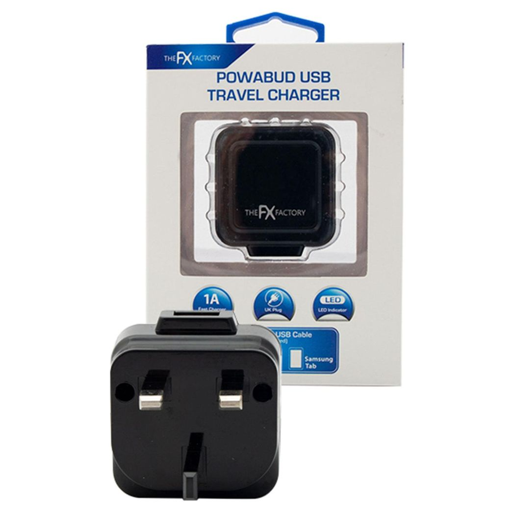 FX Mains Charger Powabud for USB 1A & Micro USB Devices for USB 1A -  Black