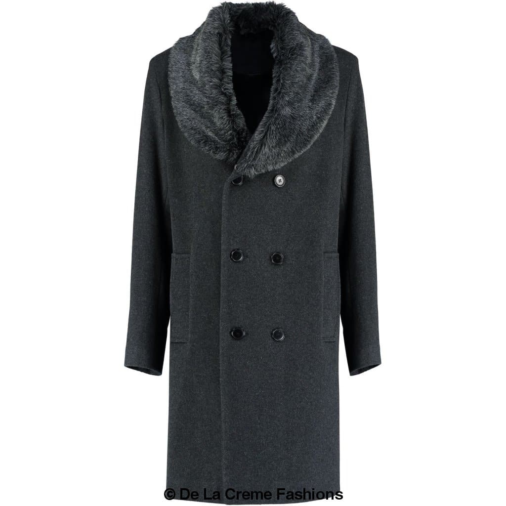 Mens Double Breasted Overcoat With Faux Fur Collar