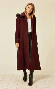 Wool Blend Faux Fur Trim Hooded Long Coat