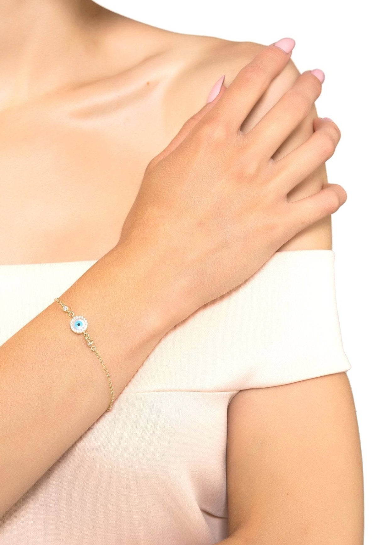 Evil Eye Round Mother Of Pearl Gemstone Bracelet Gold