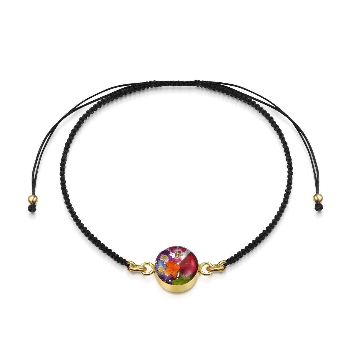 Gold plated black woven bracelet with flower charm - Mixed flower -