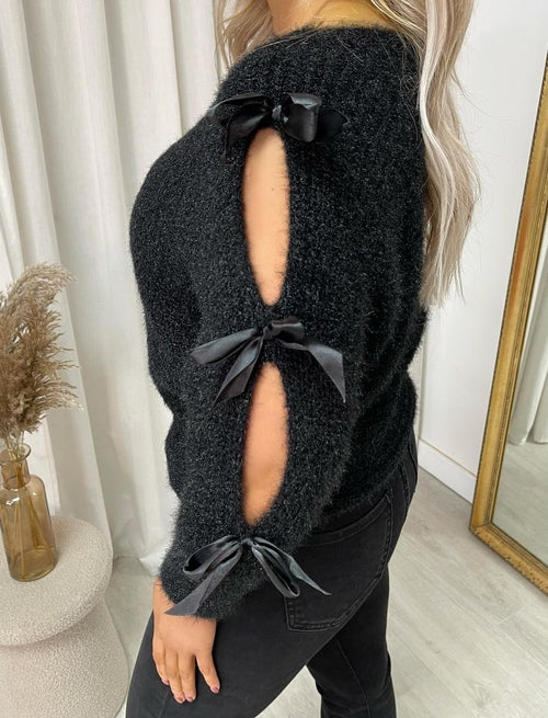 Cut Out Tie Bow Sleeve Detail Chunky Knitted Top