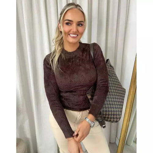 Fitted Long Sleeve Fluffy Knitted Top