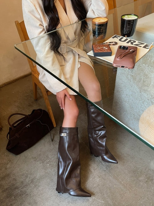 Skirted Fold Over Buckle Pointed Toe High Boots
