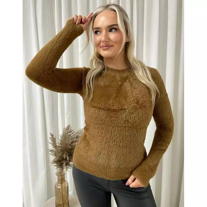 Fitted Long Sleeve Fluffy Knitted Top