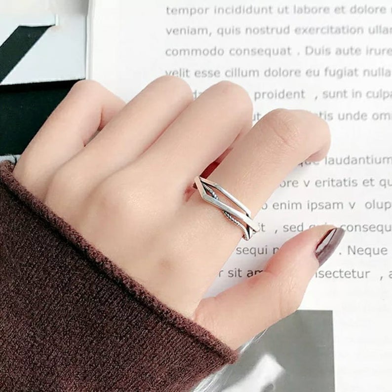 925 Sterling Silver Geometric Hexagon Stackable Slim Band Ring