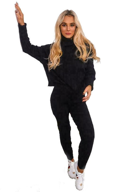 Ladies Chunky Knitted Ribbed Polo High Neck Top Leggings Loungewear
