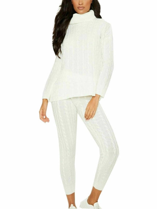Ladies Chunky Knitted Ribbed Polo High Neck Top Leggings Loungewear