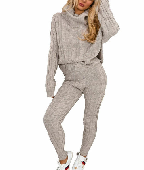 Ladies Chunky Knitted Ribbed Polo High Neck Top Leggings Loungewear