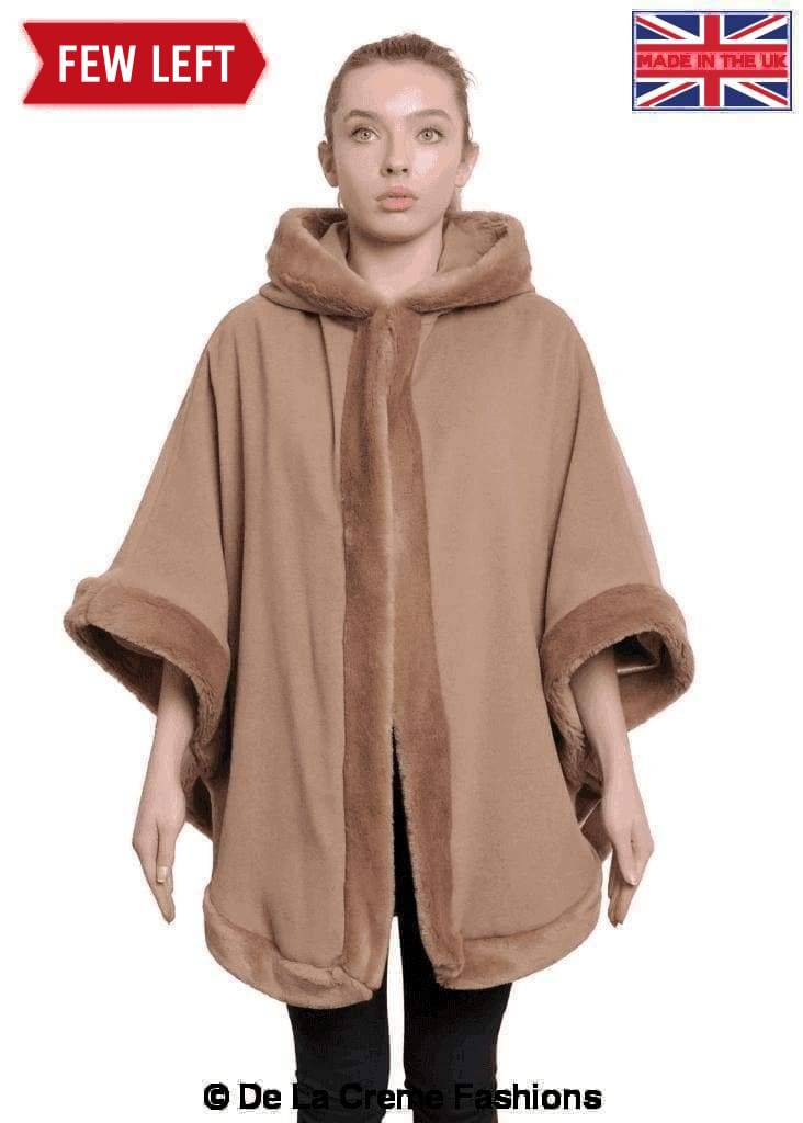 De La Creme - Womens Wool & Cashmere Blend Fur Lined Hooded Cape