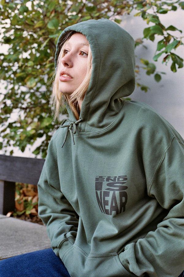 Military Green Hoodie With Printed 'The End Is Near' Design
