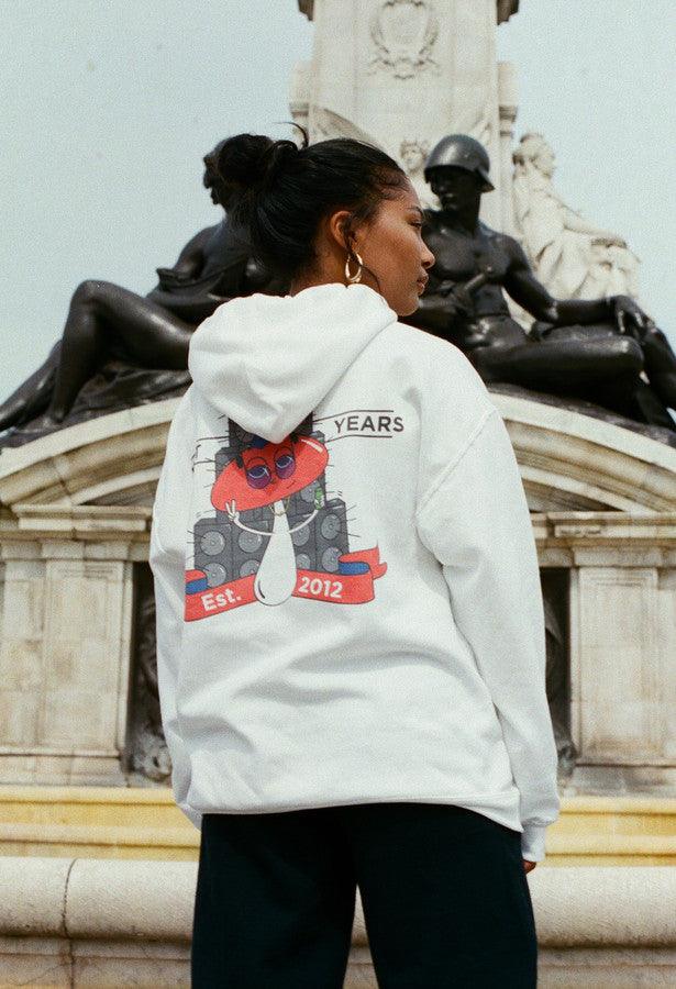 440gsm Hoodie In White With Bro Shroom Est 2012 Print